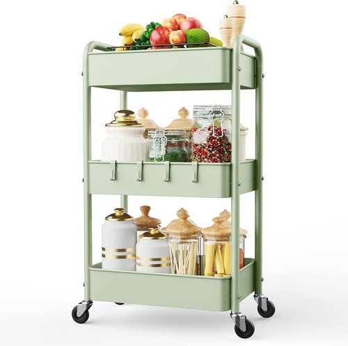 LEHOM 3-Tier Rolling Storage Cart - Metal Utility Trolley with Wheels & Hooks for Easy Organization
