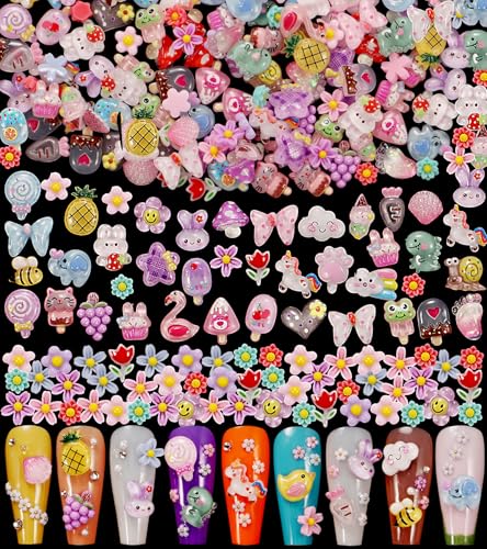 Multicolor 3D Nail Charms Set - Cute Flower, Bee, Pineapple & Bear Decor, 250 Pieces - Variation of A