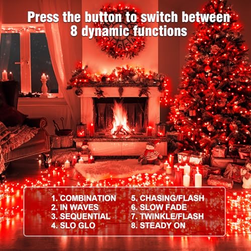 Nisocy 400FT Red Christmas String Lights with Remote, Green Wire, 8 Modes, Timer, Indoor Outdoor Decor