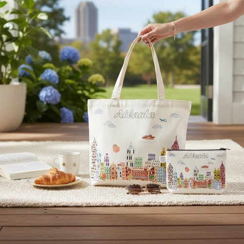 Beary Blu City Themed Artwork Cosmetic Bag Series – Designed in USA, Travel Makeup Bag with Zipper, Souvenir Gift for Women, Artwork Organizer for Purse or Toiletry (Atlanta)