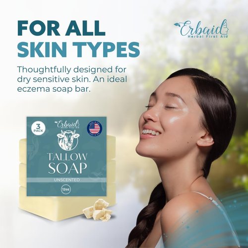 Beef Tallow Soap Bar – All Natural Grass Fed Tallow Soap Unscented – Moisturizing Face & Body Wash Great for Eczema, Dry, Itchy, Sensitive Skin – Handcrafted Bath Soap for Adults, Kids, Made in USA