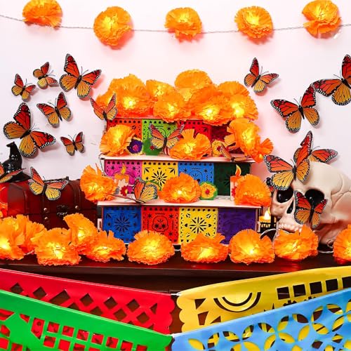 Artificial Marigold Garland Set with Lights for Day of the Dead & Festivals, 20Ft with Butterfly & Papel Picado