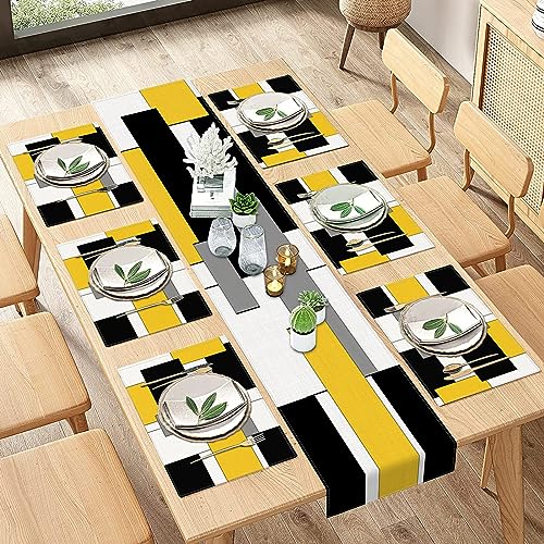 ArtSocket Geometric Yellow Linen Table Runner & Placemats Set of 6 - Abstract Modern Dining Decor