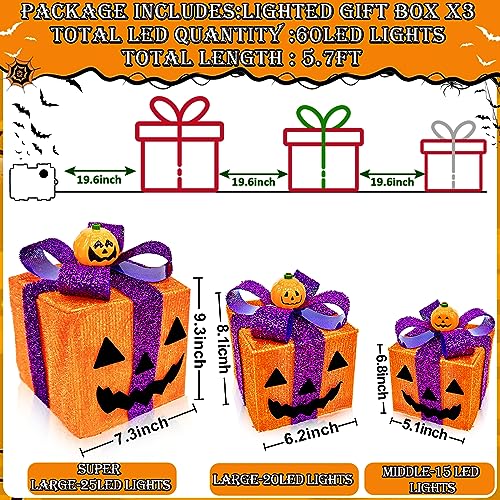 Lighted Halloween Pumpkin Decorations Gift Box 3 Pack with 8 Modes & Timer