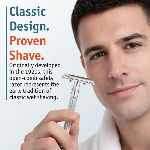 MERKUR 15C Double Edge Safety Razor - Bright Chrome Finish, Open Comb Design, Eco-Friendly, Made in Germany