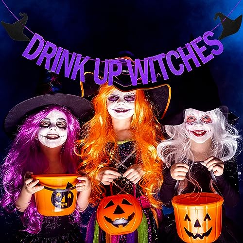 Purple Drink Up Witches Banner Halloween Party Decor Glitter Sign