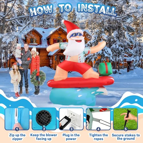6.5FT Inflatable Santa Surfing Christmas Decoration with LED Lights - Outdoor Holiday Yard Lawn Decor