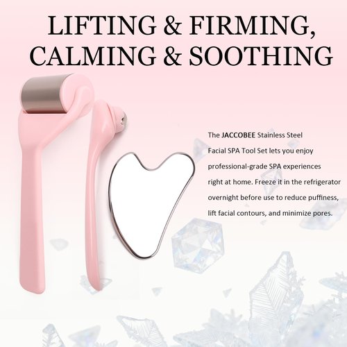JACCOBEE Ice Roller for Face&Eyes with Gua Sha Facial Tool, 3-Pcs Stainless Steel Facial Massage Tool Sets for Face Jawline Shaper, Double Chin Reducer, Puffiness Reducing, Lymphatic Drainage