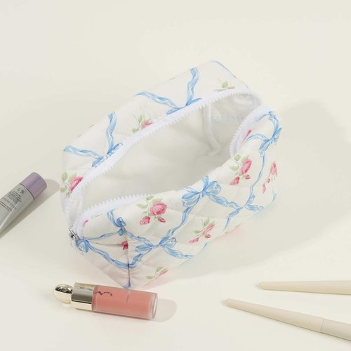 RSRSLEII Small Quilted Cotton Makeup bag, Cute Floral Cosmetic bag, Cotton Aesthetic Makeup Pouch, Large Capacity Travel Toiletry Bag for Women and Girls (02Pink bows)