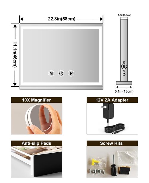 DKGEVEAO Vanity Mirror with Lights, 23" x 18" Makeup Mirror, Lighted Makeup Mirror with 3 Color Modes & Adjustable Brightness, Detachable 10x Magnification and USB Charging Design (White)