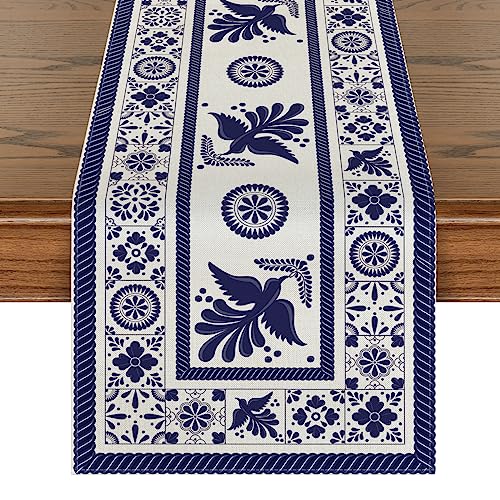 Mexican Floral Bird Table Runner 13x90 Inch Blue Patchwork Tiles Home Decor