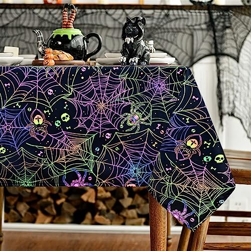 Halloween UV Reactive Black Spider Web Tablecloth - Waterproof 84x60 Inch