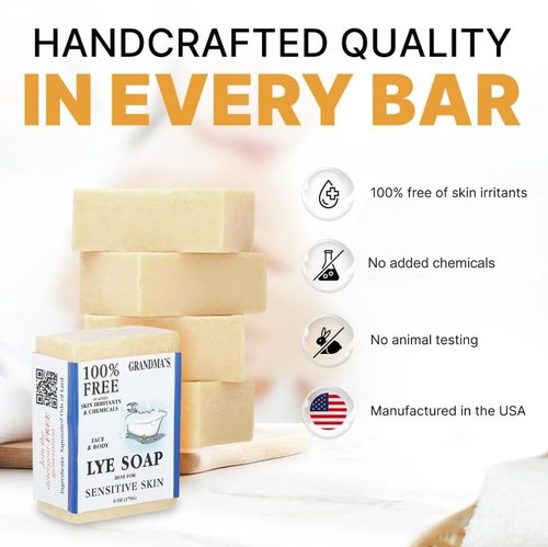 Grandma's Pure Lye Soap Bar by CLASSYONE – Unscented Face & Body Wash Soap for Dry & Itchy Skin, Bundled with Wonder Wafers Baby Powder Air Freshener - 6.0 oz, Pack of 6