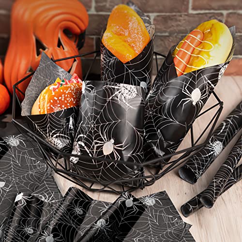 Halloween Spider Wax Paper for Food - Web Pattern, 8.6x9.8 Inches, 100 Sheets - Food Safe, Oil & Waterproof, Spider Variation