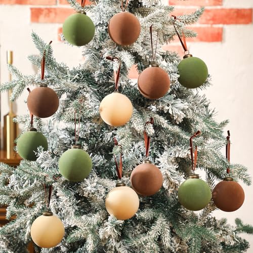 Velvet Christmas Ball Ornaments Set - 30pcs 3.15 Inch Flocked Holiday Decor - Green, Brown, Beige