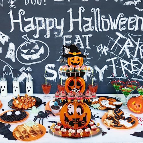 Halloween Cupcake Stand 3-Tier Pumpkin Cardboard Dessert Tower with Hole Design