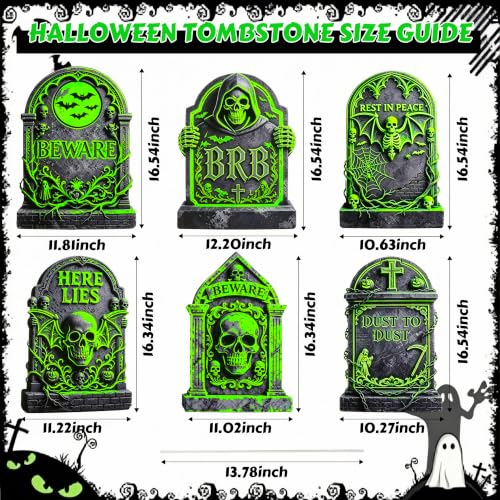 6 Pack Halloween Glow-in-The-Dark Tombstone Decorations - Weatherproof Outdoor Gravestones