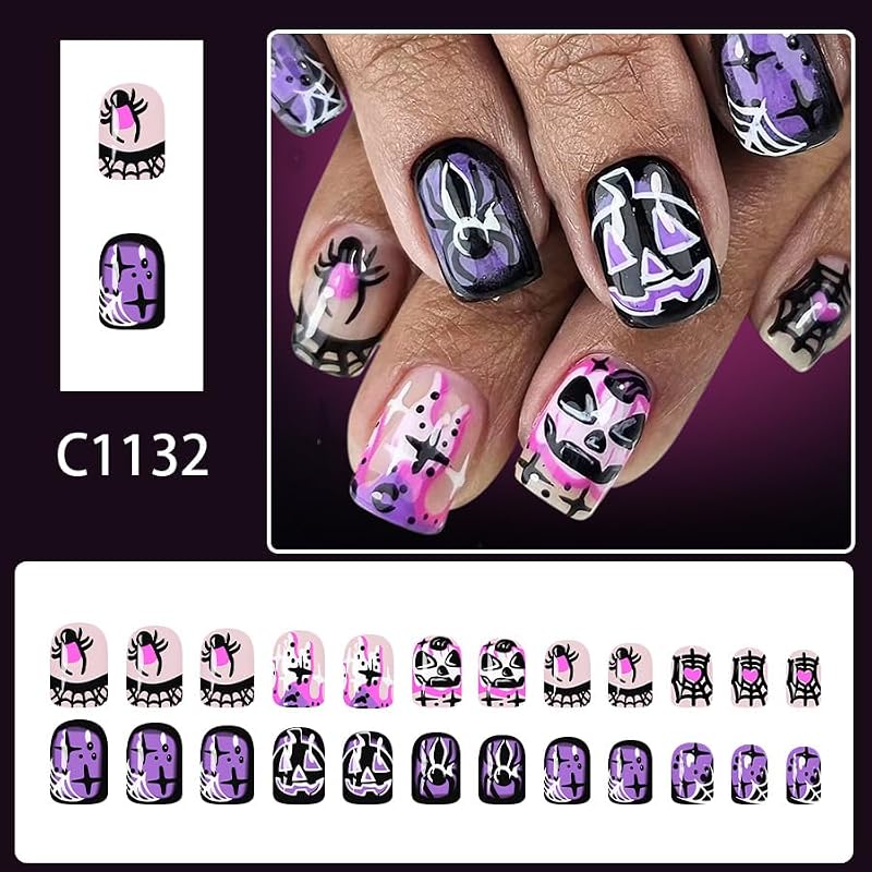Halloween Press On Nails Short Square Purple Fake Nails with Pumpkin & Spider Design, 24 Pack