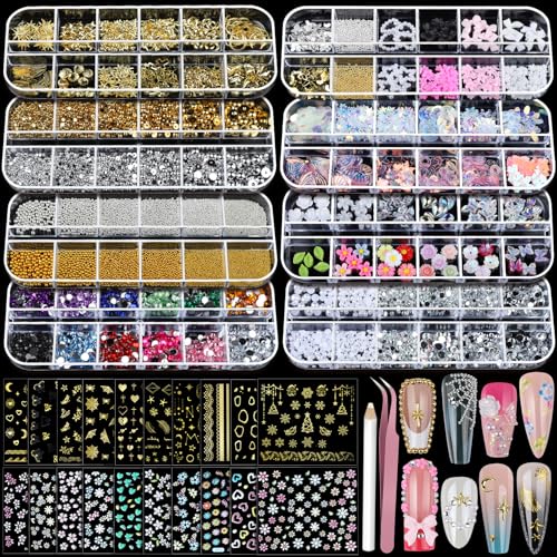 Nail Art Charms and Rhinestones Kit with Stickers, Gems, Pearls & Tools