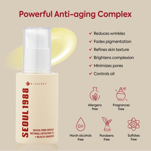 K-SECRET SEOUL 1988 Retinal Serum: Retinol Serum for Face Anti Aging Wrinkle Care - 2% Retinal Liposome Black Ginseng Niacinamide Bakuchiol Vitamin C & 3 Peptides - Korean Skincare Fragrance Free 30mL