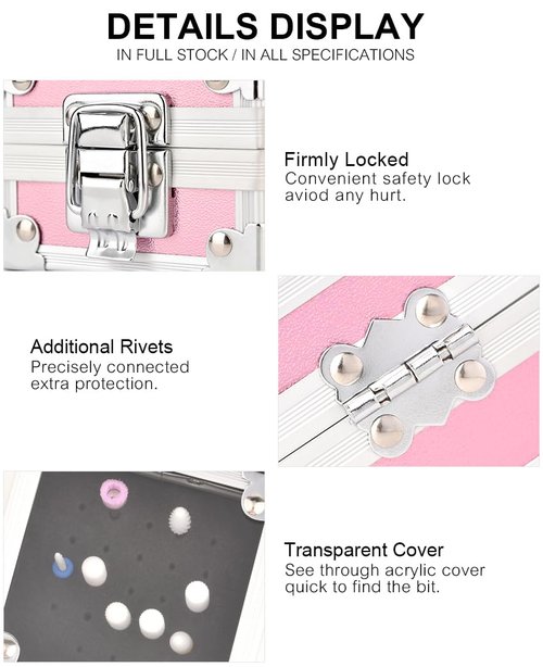Rolabling Professional 25 Holes Nail Drill Bits Box Container Nail Drill Grinding Bit Holder Nail Polish Head Storage Box Nail Tools Organizers Container Display Storage Box Manicure Tool (Pink)