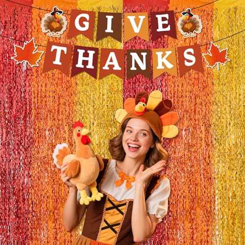 Thanksgiving Foil Fringe Curtain Backdrop with Give Thanks Banner - 2 Pack - Fall Party Decorations - Thanksgiving Variation