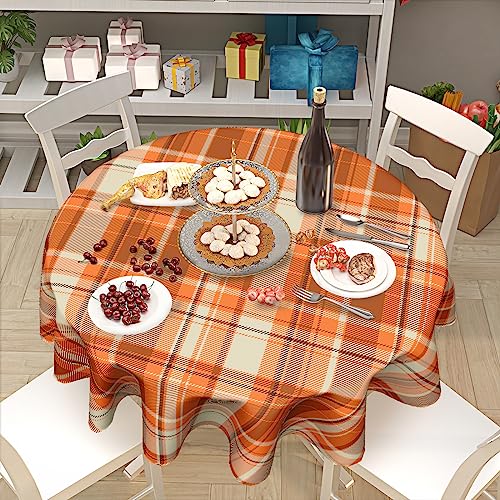 Kawani Fall Orange Round Tablecloth 60-Inch Autumn Thanksgiving Checkered Decor