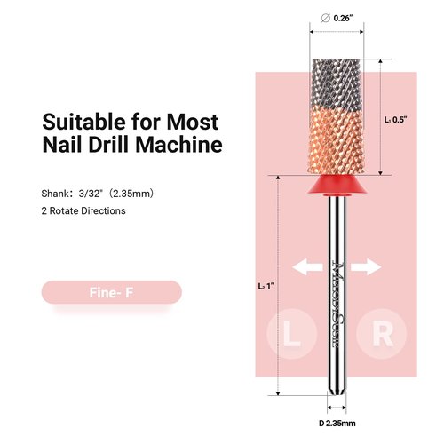 MelodySusie Tapered Barrel Nail Drill Bits, 3/32'' Carbide Tungsten Bits, Suitable for Manicure Pedicure Cuticle Gel Polishing, Technicians Bits, Silver & Rose Gold, Series Bit-S, Extra Fine
