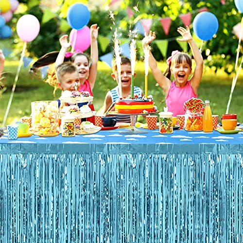 Light Blue Metallic Foil Fringe Table Skirts 29x108 Inch for Party Decor - 4 Pack