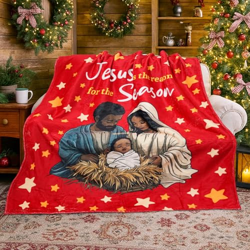 Christmas Throw Blanket with Nativity Design - Black Santa & Jesus - 50x60 Inch