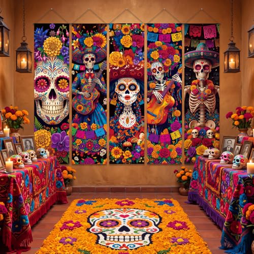 Day of the Dead Banner Set - 5 Pcs Dia De Los Muertos Halloween Decor with Sugar Skull Art & Papel Picado - Variation of 5 / Day of the Dead