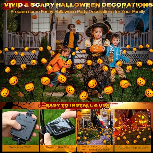 2 Pack Solar Halloween Pumpkin Lights with Spiders & Bats, Swaying Firefly Decor