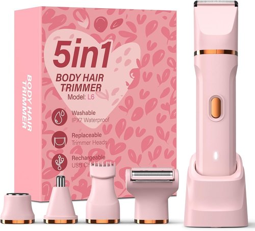 HOHOLE 5-in-1 Bikini Trimmer for Women, IPX7 Waterproof Electric Razors Shaver, Cordless Body Hair Trimmer, Facial & Pubic Hair Removal, Ceramic Blade (Pink)