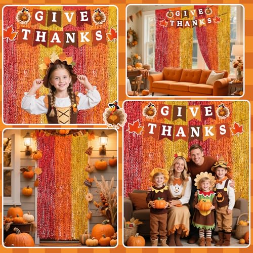 Thanksgiving Foil Fringe Curtain Backdrop with Give Thanks Banner - 2 Pack - Fall Party Decorations - Thanksgiving Variation