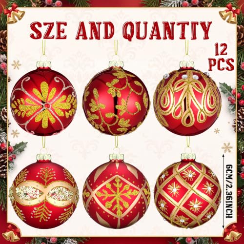 Luxury Glass Christmas Ornaments Set - Red & Gold, 2.36 Inch, 12 Pieces