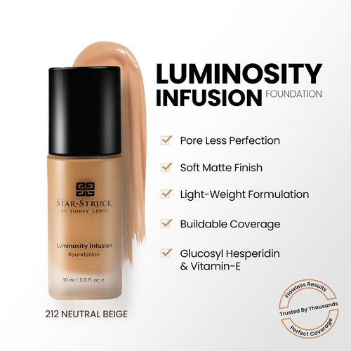 **Starstruck By Sunny Leone Liquid Foundation - Matte Finish, Vegan & Cruelty-Free, Medium-To-Full Coverage, Neutral Beige, 1 Fl Oz**