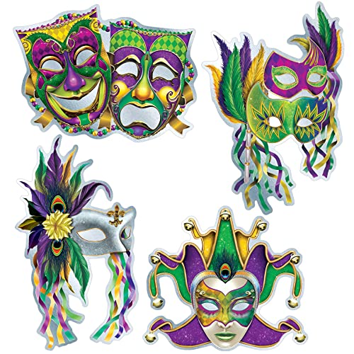 Mardi Gras Mask Decorations Set - 8 Foil Cardstock Wall Cut Outs for Carnival Party