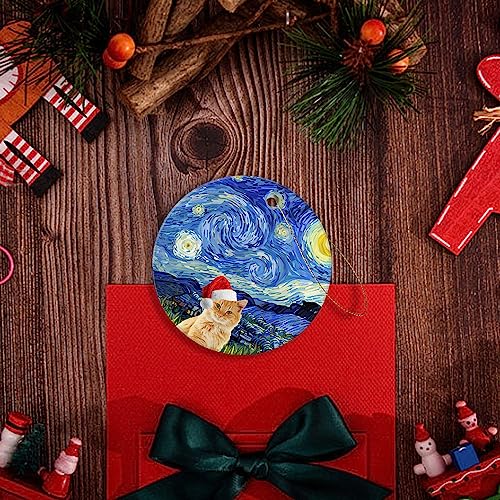 Christmas Ornament 2024 - Orange Cat in Hat with Blue Starry Background, 3 Inch Ceramic Keepsake
