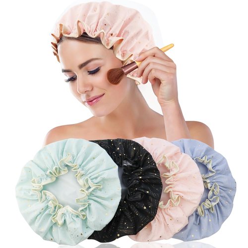 TCOTBE 4 Pieces Shower Caps for Women, Double layer shower cap, Elastic Reusable Bathing Hair Cap Environmental Protection Hair Bath Caps,PEVA Adult Bathing Cap Bath Hair Cover