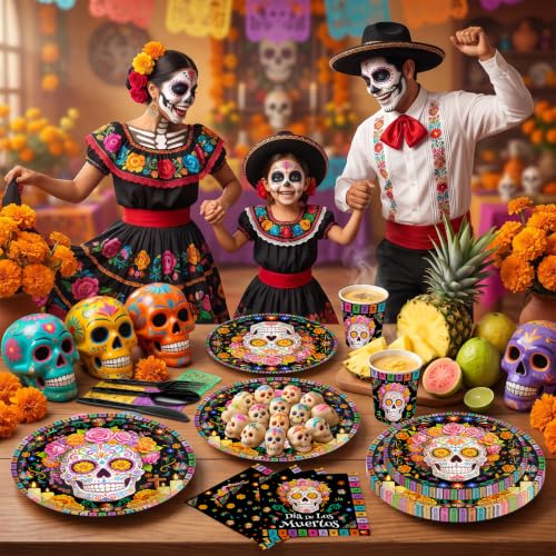Dia De Los Muertos Party Plates and Napkins Set - 168pcs Celebration Decor