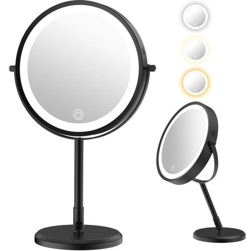 mumianshu Folding Travel Makeup Mirror with Lights and Magnification,7” Double Sided 1X/10X Lighted Magnifying Mirror with Rechargeable Battery,Brightness Adjustable,3 Color Lighting, Black