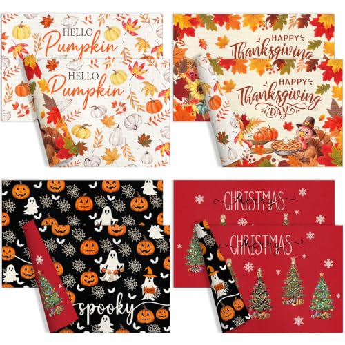 Black Red Reversible Fall Halloween Placemats Set of 8 12 x 18 Inches