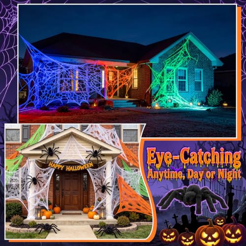 Giant Halloween Spider Web Set with Glow-in-The-Dark Spiders for Outdoor Decorations
