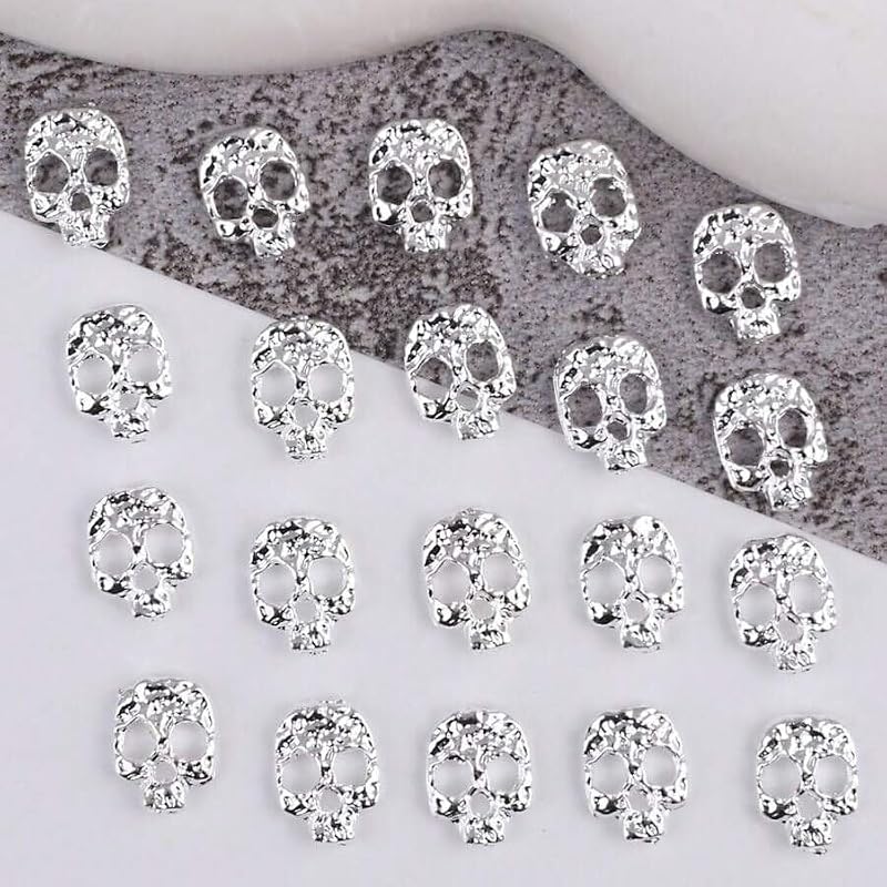 Halloween Nail Charms Silver Skull 20PCS for Acrylic Nails DIY Nail Art