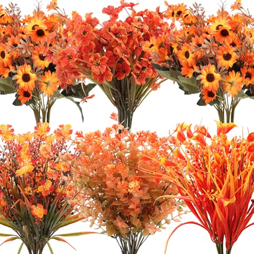 Fall Artificial Flower Bundles - UV Resistant Faux Mums Eucalyptus for Outdoor & Indoor Decor - Fall A