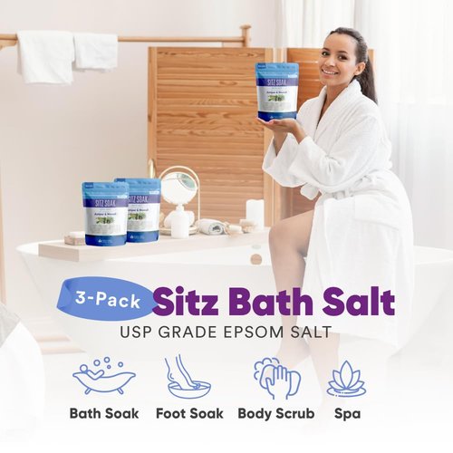 Sitz Bath Salt (3 Pack Soaks Bundle) Hemorrhoid Soothing Sitz Soak USP Grade Epsom Salt 3 Pouches 6 Lbs Total with Pure Essential Oils in BPA Free Pouch with Easy Press Seal Made in USA