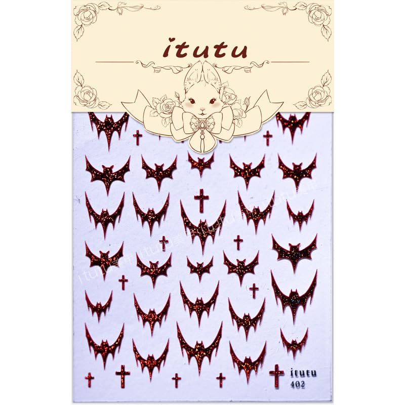 Halloween Bat Nail Stickers - 5D Embossed Red Bats & Holographic Glitter - Style-13