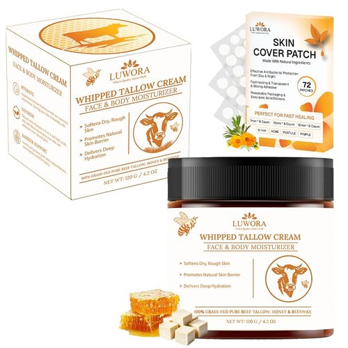LUWORA Grass-Fed Beef Tallow Cream and Skin Cover Patches (72 Pcs) – Organic Moisturizing Tallow Balm for Face & Body, Whipped Tallow and Honey Balm Moisturizer, Anti Aging Skin Cream