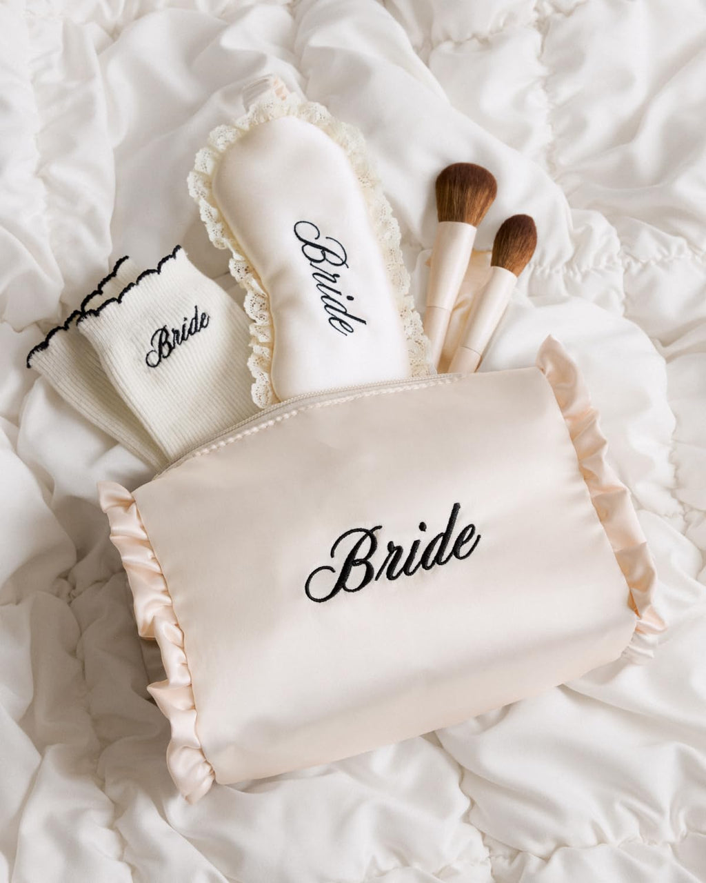 xo, Fetti Satin Bride Cosmetic Bag | Bachelorette Party Decorations, Bride To Be Purse, Bridal Shower Accessory, GRWM Makeup Bag