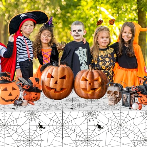 White Halloween Spider Web Plastic Tablecloths - Set of 2, 108x54 Inch